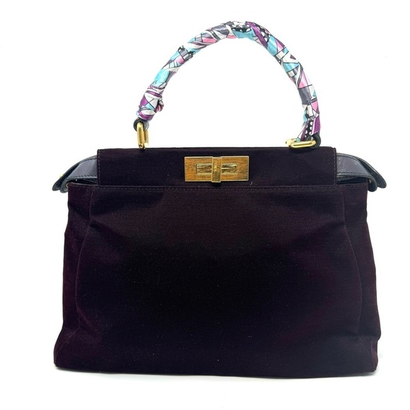 Fendi Peekaboo Velvet Bag – Burgundy Gold Top Handle Satchel Rare - Picture 1 of 15